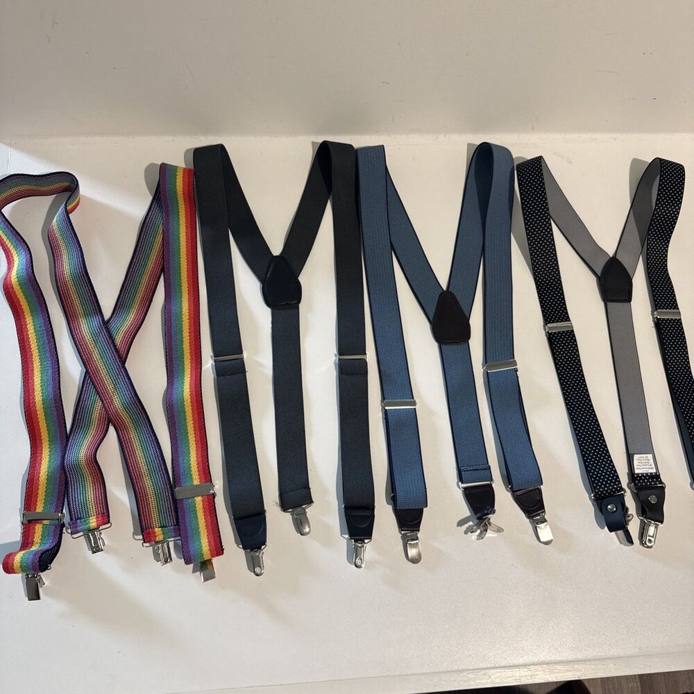 Lot Of 4 HoldUp Clip On Suspenders Black Blue Polka Dot Rainbow